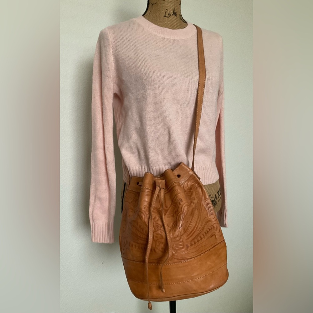 Tan Leather Bucket Bag with Embossed Detail